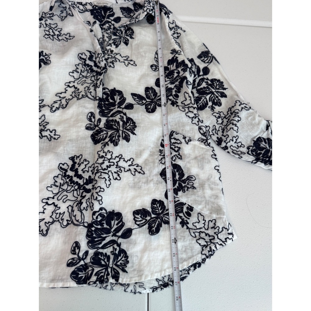 John Mark Linen Floral Embroidered Button Down Shirt Navy White n3 - Picture 7 of 7